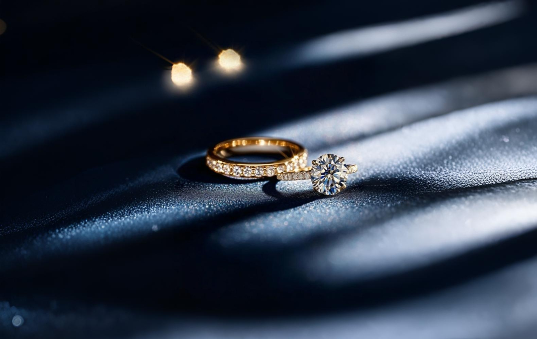 Anello di fidanzamento in oro e diamante su sfondo neutro